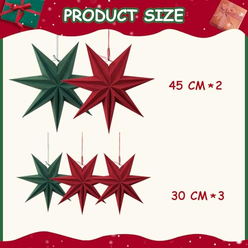 SUNBEAUTY Christmas 5Pcs Flocking Stars 7 Pointed 18 Inch 12 Inch Green Red Hanging Stars Lanterns Christma Hanging Lamp Decorations Wedding Birthday Christmas Home Party by SUNBEAUTY - Image 2