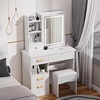 joukares Dressing Table with Mirror and Stool, Vanity Table with LED Lights Mirror(3 Modes Color), Makeup Desk with Storage Drawers & Shelves, Small Make Up Table for Bedroom