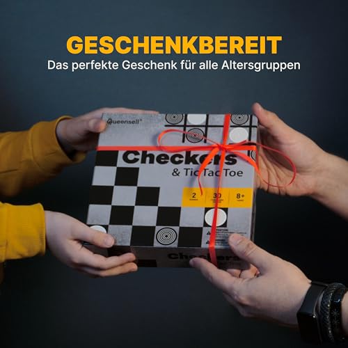 Dame-Brettspiel mit 30 Spielsteinen – Klassisches Brettspiel für Kinder und Erwachsene – Checkers & Tic Tac Toe