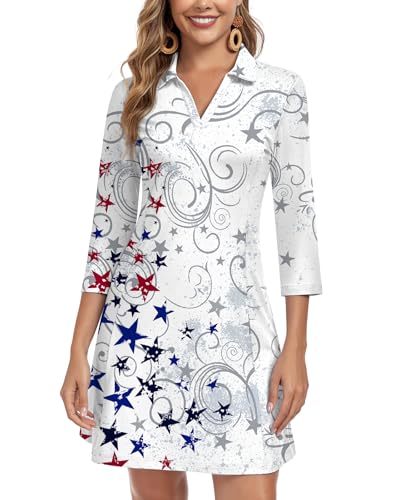 Image of WOWENY 3 /4 Sleeve Dress for Women with Pockets V Neck UPF 50+ Casual Sun Dress Breathable Quick Dry Beach Vacation