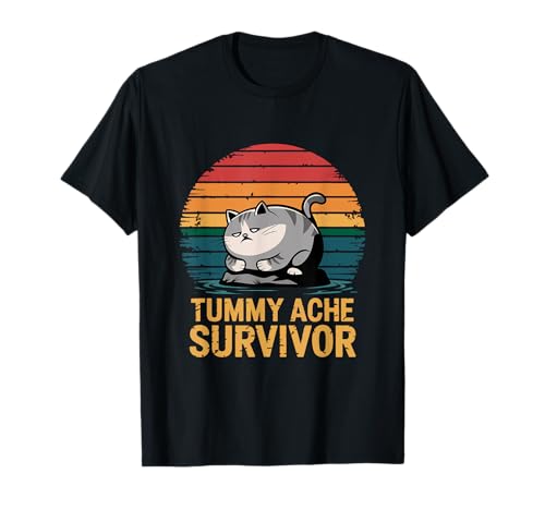 Tummy Ache Survivor Funny Meme Retro Vintage Cat T-Shirt