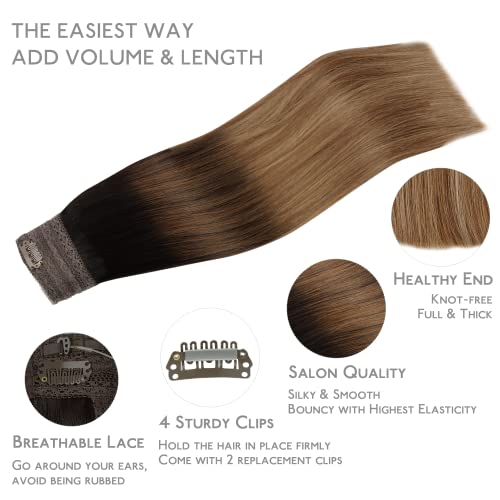 Image of WENNALIFE Wire Hair Extensions Real Human Hair 12 inch 100g Dark Brown to Chestnut Brown and Dirty Blonde Highlighted Real Hair Extensions Invisible Wire