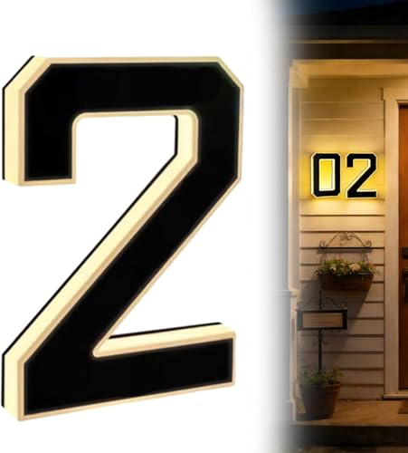 Solar House Numbers For Outside, 2026 New Solar Lighted House Numbers, Led Illuminated Address Plaque With Auto On/Off, Ip44 Waterproof Solar Address Sign, Easy Wall Mount For Home (Number 2)