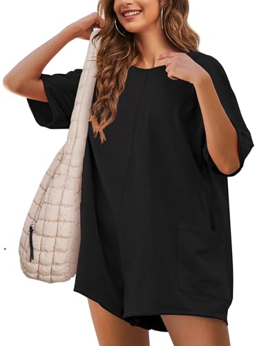 GTLIAE Womens T Shirt Romper Hot Shot Tee Romper for Summer Casual Short Sleeve Oversized Athletic Workout Outfits(Black-M)