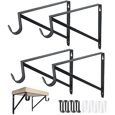 Heavy Duty Closet Rod & Shelf Brackets, 4 Pcs Black Metal Clothes Hanger Pole Support Brackets with Hook Cover