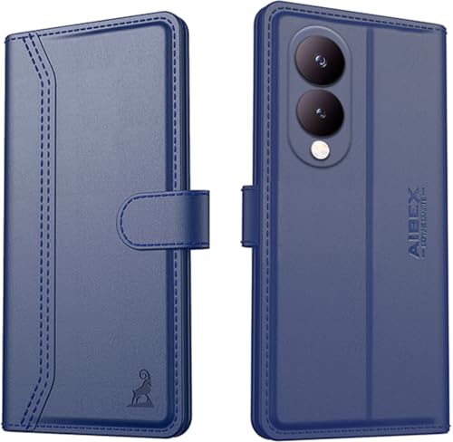 Image of AIBEX Compatible for Vivo Y28 5G / Vivo Y17s 4G Flip Cover Leather Finish | Inside TPU with Card Pockets | Wallet Stand | Complete Protection Flip Case - Blue