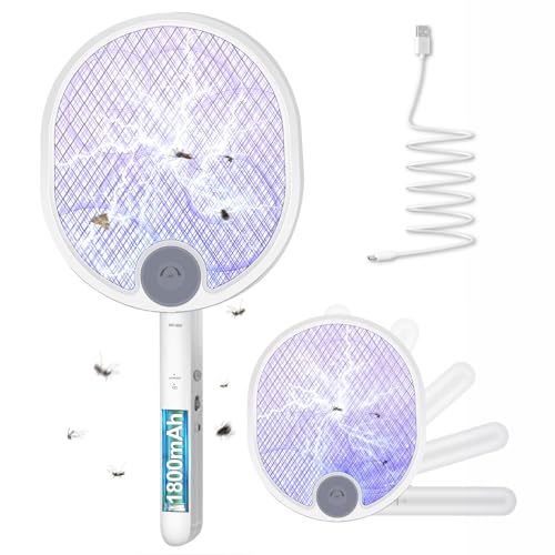 WOCVRYY 1800mAh Raquette Electrique Insectes 4000V Raquette Moustique Electrique Piable Tapetteà Mouche Electrique USB Rechargeable avec 3 Couches Protection en Maille Support Mural