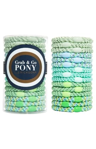 L. Erickson Hair Ties for Thick Hair, Grab & Go Pony Tube 15 Pack, Minty