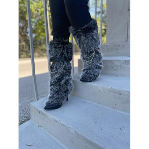 Liliana Women Knee High Pointed Toe Stiletto heel fluffy fur boots4