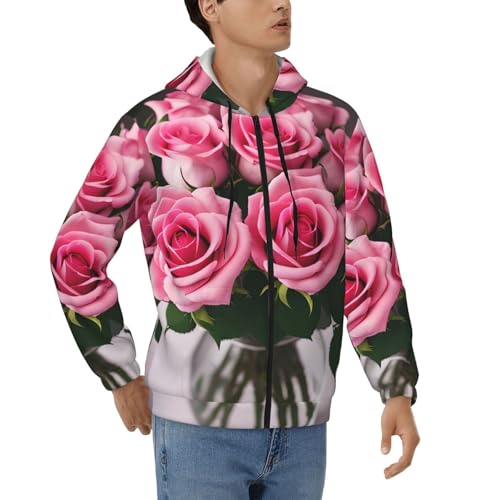 Sweat à capuche zippé pour homme avec motif roses roses et cordon de serrage confortable