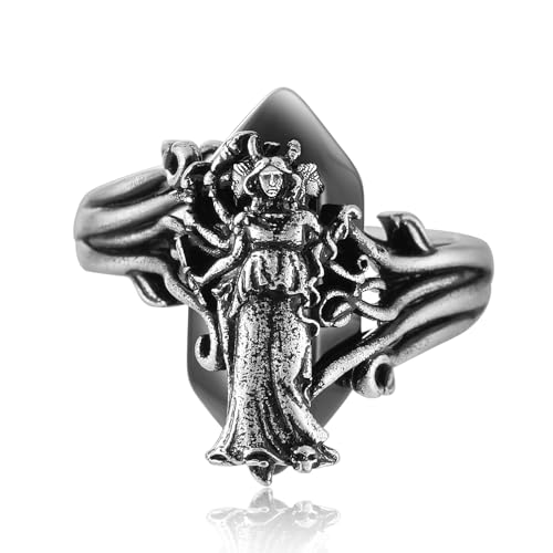 ixluck Hecate Black Onyx Ring Wicca Wiccan Hekate Moon Goddess Pagan Amulet Jewelry for Women 8 Size