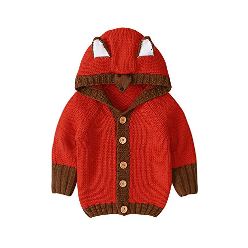 Baby Boy Girl Knit Cardigan Sweater Long Sleeve Cartoon Fox Coat Thick Warmer Hooded Fleece Warm Knitwear Winter (Red, 2-3 T)