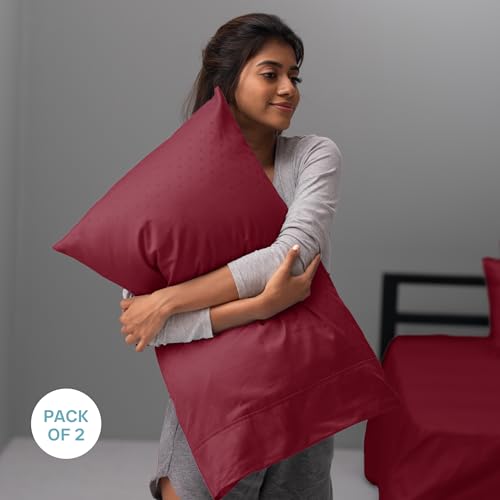 Image of Blue Dahlia 100% Cotton, Standard Size Pillow Covers (18 inch x 28 inch), Set of 2 Pillow Covers, Silky Smooth Feel, 500TC Dotted Premium Pillow Covers, Colour: Wine Red