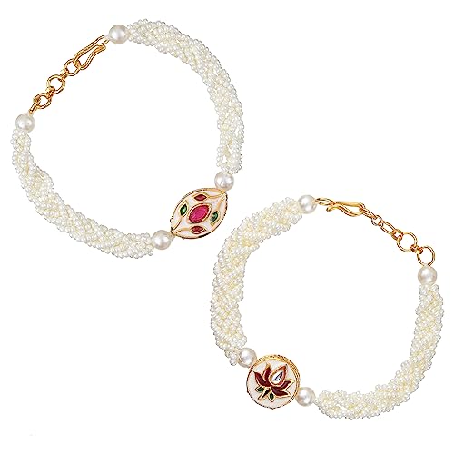 Image of eCraftIndia Floral Kundan Beads Designer Rakhis for Brother and Bhabhi | Bhaiya Bhabhi Rakhi