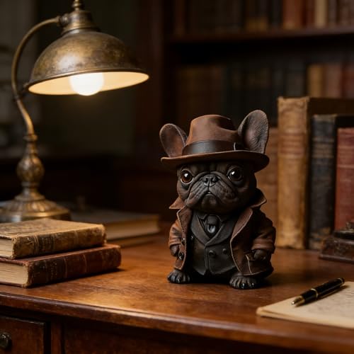 Estatua gótica de bulldog francés con sombrero y chaqueta