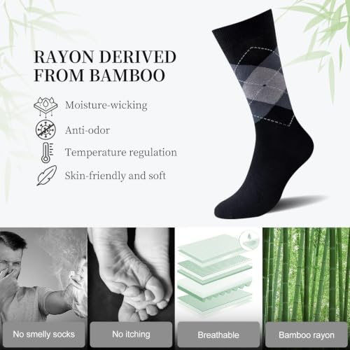 Image of Niorasen Men's Bamboo Rayon Dress Socks, 6 Pairs, Mid Calf | 90% bamboo rayon socks with breathable fabric and reinforced heel and toe; classic solid style for business and daily wear.