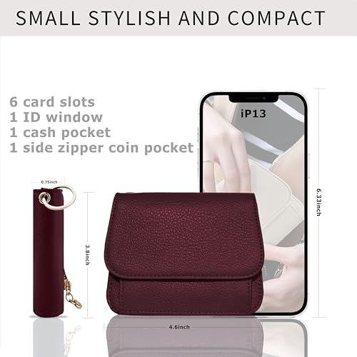 Image of Women Small Wallet RFID Blocking Slim Wallet with Coin Pocket Tri-Fold Credit Card Holder with ID Window and Keychain (Burgundy)