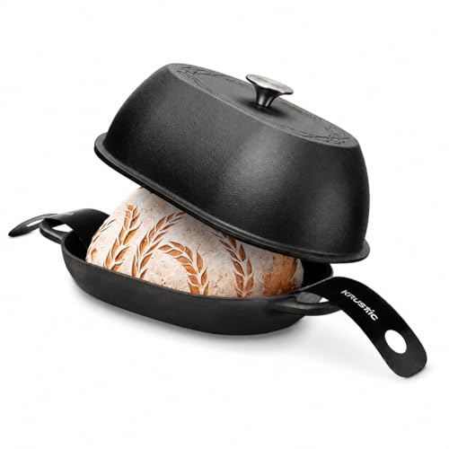 Krustic Pre-Seasoned Raw Cast Iron Dutch Oven Pot with Lid for Sourdough Bread Baking | 5.5 Quart 12 Inch Oval Bread Oven | Loaf Pan High-Dome Lid & Silicone Baking Mat