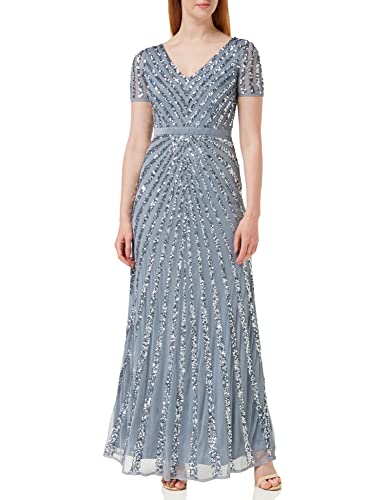 Maya Deluxe Maxi Damen Kleid, verziert, Pailletten kurzärmlig, V-Ausschnitt, Empire-Taille, A-Schnitt, glänzend, Abschlussball, Hochzeit Blau...