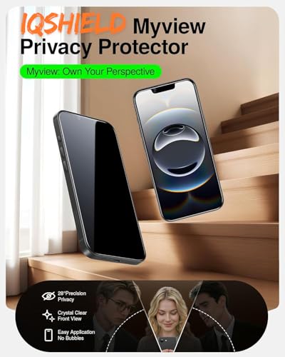 Image of IQShield My-View Privacy Screen Protector Tempered Glass Guard for iPhone 14 / 16E / 17E and iPhone 13 /13 Pro, 9H Hardness, 2-Way Anti-Spy, Case Friendly [1 Pack]