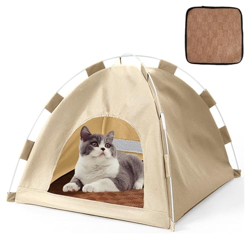 Katzenzelt Outdoor, Haustierzelt Mit Doppelseitigem Kühlkissen, Leichtes und Tragbares Katzenzelt für Drinnen und Draußen, 35x35x30 cm, Beige