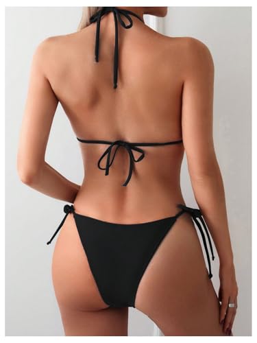 GORGLITTER Women's String Bikini Bead Triangle Swim Top and Tie Side Thong Cheeky Bathing Swimwear2