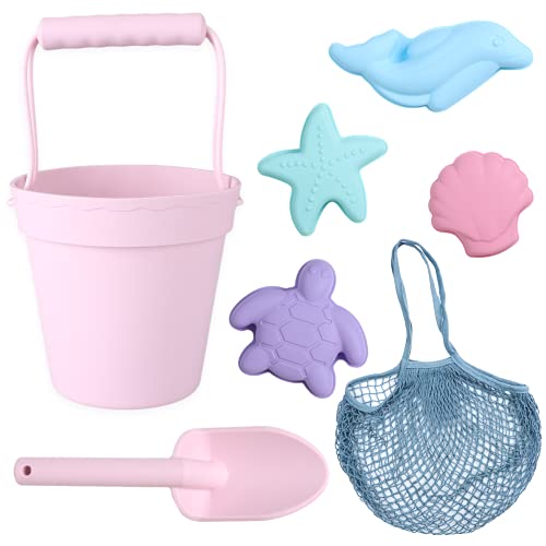 Image of BLUE GINKGO Silicone Beach Toys - Modern Travel Friendly Beach Set | Bucket, Shovel, 4 Sand Molds, Beach Bag | Sand Toys for Toddlers, Kids - Pink
