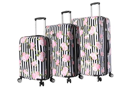 Image of Betsey Johnson Luggage Hardside 3 Piece Set Suitcase With Spinner Wheels (20 inch 26 inch 30 inch) (One Size, Flamingo Strut), Stripe Roses, Bj0001