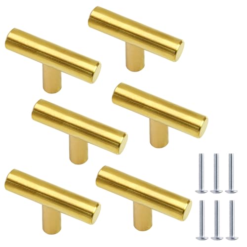 Cjueiom 6 Pack Gold Cupboard Knobs 50mm Length T Bar Handles, Stainless Steel Drawer Knobs Black Cupboard Pull Handles, Wardrobe Door Knobs Kitchen Cabinet Knob for Bedroom Drawer Closet