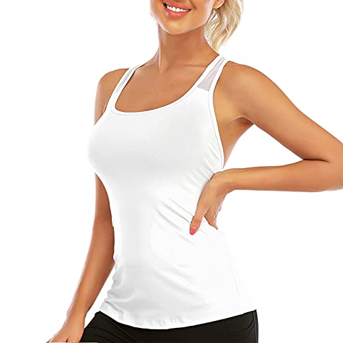 Image of Women's Padded Sports Bra Removable Strappy Longline Yoga Tank Top Workout Crop Criss Cross Back Fitness Top, Deep White No Bra, Small