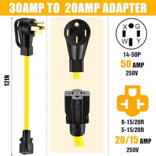 Mootycapa NEMA 14-50P to 6-20/15R or 5-20/15R RV EV Adapter Cord 50 Amp 4 Prong 240V to 20/15 Amp 3 Prong 240V 6-20/15R or 5-20/15R T Blade for EV Charger HVAC 12 AWG, 1FT by Mootycapa - Used condition - Image 4