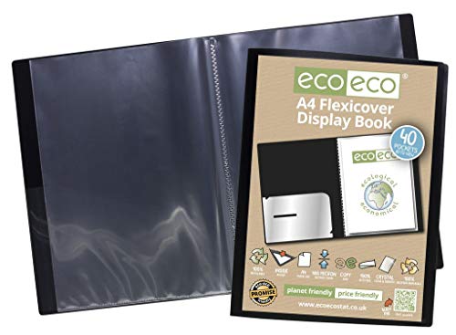 eco-eco A4 100% Recycled 40 Pocket Black Flexible Cover Portfolio Book Folder Display Book