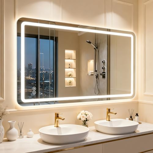 Badspiegel mit Beleuchtung Spiegel Mit Beleuchtung 120x70cm LED Badspiegel mit Touch-Schalter Badezimmerspiegel mit Speicherfunktion Wandspiegel 3 Farbtemperatur Horizontal/Vertikal HD Hartglas