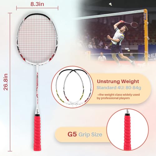 Image of Badminton Rackets Set, Professional Badminton Racquets Lightweight (4U), 4-Pack /2-Pack Carbon Fiber, 3 Feather Shuttlecocks, with Protect Case & Overgrip, for Beginners, Advanced Players