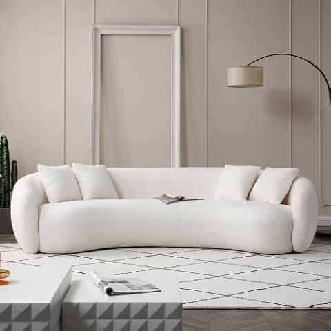 WILLIAMSPACE 101" Curved Sofa, Modern Oversized Upholstered Boucle Couch with 4 Throw Pillows, 4-Seat Teddy Sofa Couch for Living Room, Office, Apartment (Beige) Cover