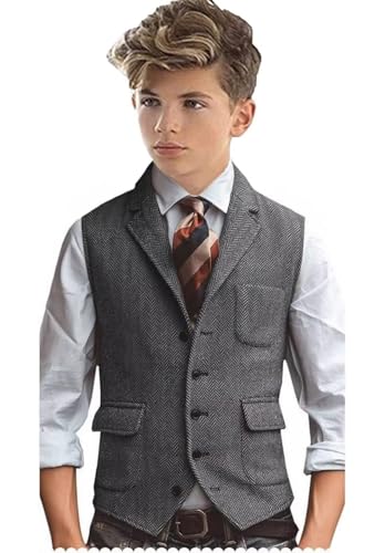 Kids Tweed Vest Vintage Herringbone Boys Vest for Wedding Prom V Neck Formal Waistcoat with Pocket4