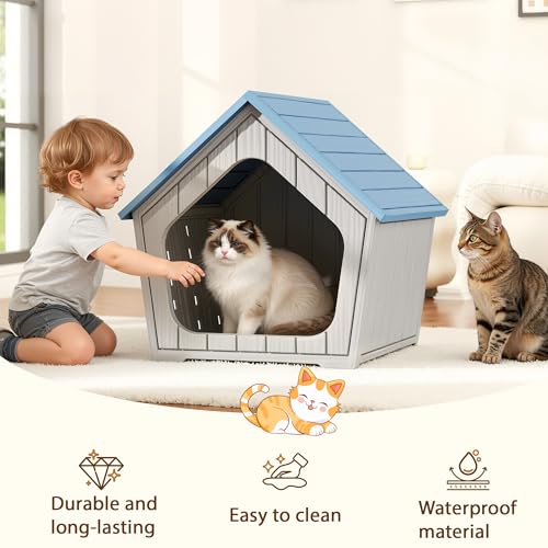 Image of Cat Litter Box Enclosure, Hidden Covered Litter Box Furniture with Air Holes, Resin Outdoor Cat House Weatherproof, Wide Opening Design for Easy Cleaning, Blue