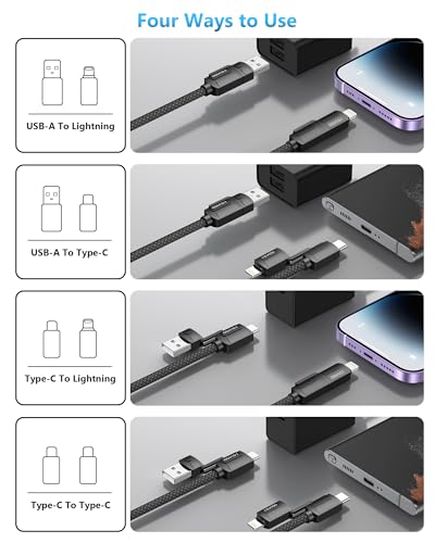 RAVIAD Multi USB Kabel, Universal Ladekabel [3M] Nylon Schnell 4 in 1 Mehrfach Ladekabel 60W PD mit USBC/USBA auf Lightning, USBC/USBA auf USBC für iPhone 16/15, Samsung Galaxy, Huawei - Schwarz