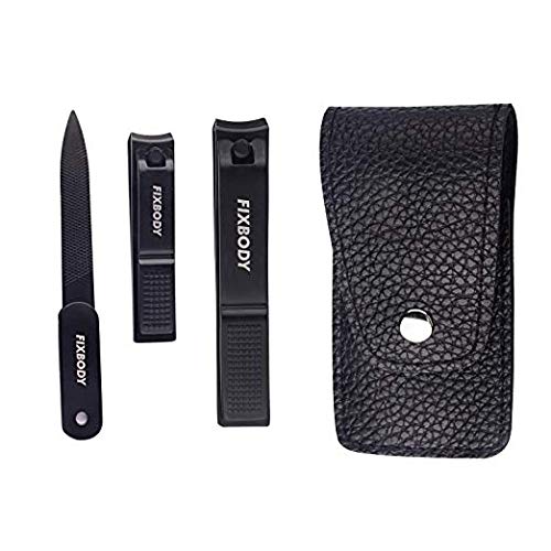 FIXBODY Nail Clipper Set – Black Stainless Steel Fingernails & Toenails Clippers & Nail File Sharp Nail Cutter with Leather Case, Set of 3 (Curved)