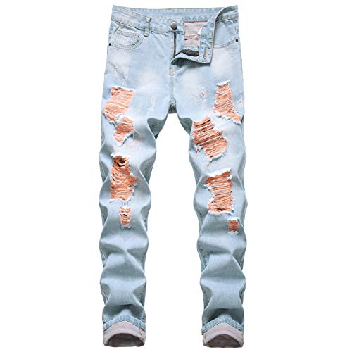 Image of Men's Ripped Slim Fit Jeans Straight Leg Denim Pants