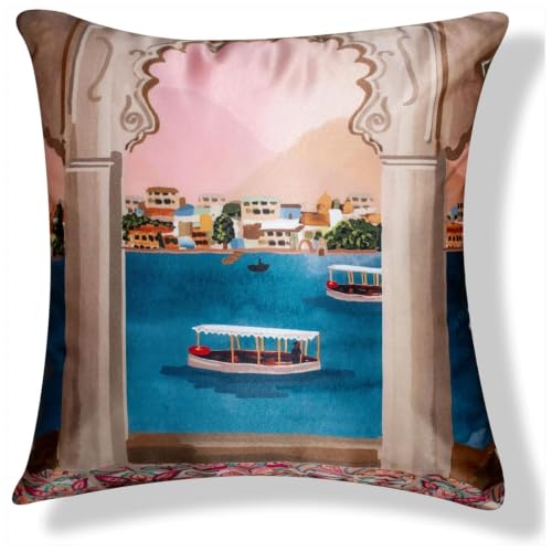 Image of Decorative Satin Sofa Cushion Covers Set of 5, 16 x 16 Inches, Multicolor Floral Printed Pillow Covers for Living Room, Bedroom, Couch & Sofa, Soft Glossy Fabric, Zipper Closure