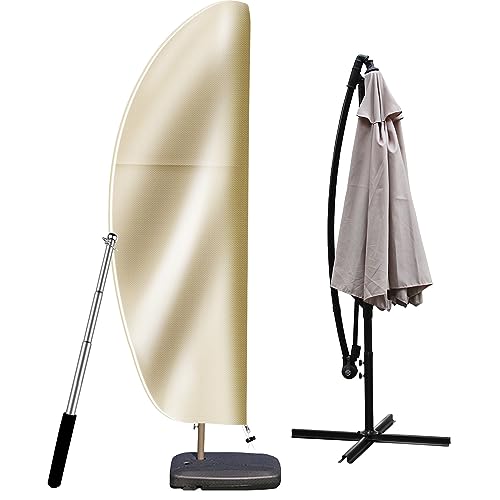 OKPOW Patio Umbrella Cover 9Ft To 14Ft - Waterproof Offset Cantilever Umbrella Covers With Sturdy Zipper - Durable Hanging Banana Style Parasol Cover For Garden Beach Umbrellas, Khaki