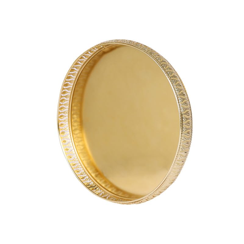 Image of R Ayurveda Copper Decorative Golden Alloy Tray - 10 inches Round Vanity Organizer for Jewelry, Makeup, Perfume | Elegant Vintage Metal Tray for Bathroom, Dresser, or Gift Decor