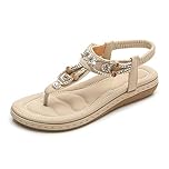 iCKER Women's Flat Sandals Ladies Thong Flat Sandals Bohemian Beaded Strap Sandals Diamante Rhinestone Leather Sandals, 5UK(label size 39), Pearl apricot