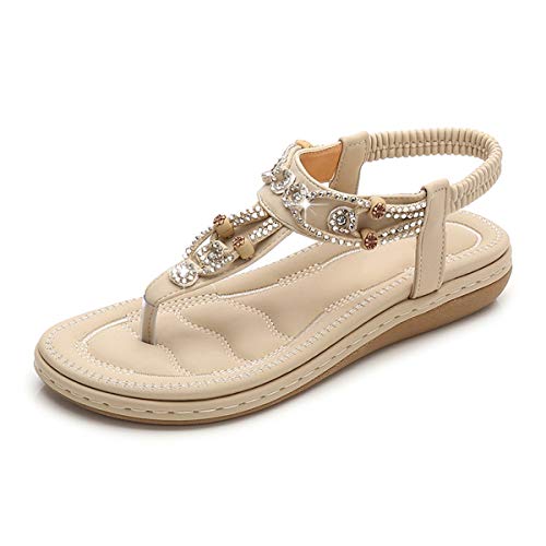 iCKER Women's Flat Sandals Ladies Thong Flat Sandals Bohemian Beaded Strap Sandals Diamante Rhinestone Leather Sandals, 7UK(label size 41), Pearl apricot