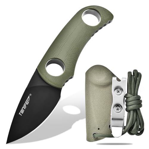 TONIFE Cuchillo de Hoja Fija 4,7cm, Mini Cuchillo de Cuello con Funda de Kydex y Cordón, Cuchillo Fijo Portátil EDC para Supervivencia al Aire Libre (Verde+Negro Titanio)