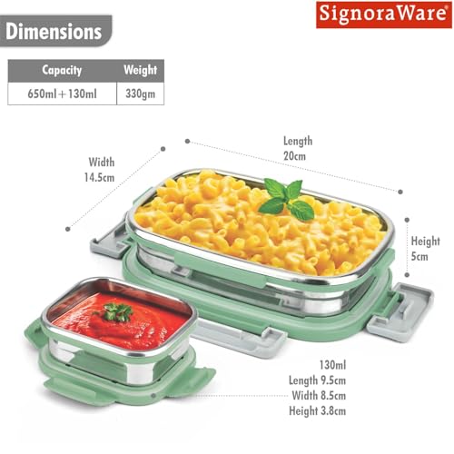 Image of SignoraWare Quickmeal Stainless Steel Small Lunch Box | Airtight & Leakproof | Portion Control | Easy to Carry | Ideal for Office, School, Kids & Travel (650ml + 130ml | Egreen)