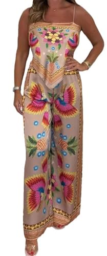 Women's 2 PCS Printed Tied Tank Tops Shirts Bodycon Wide Leg Pants Sexy Nightclub Party Tracksuit Outfits Set Orange