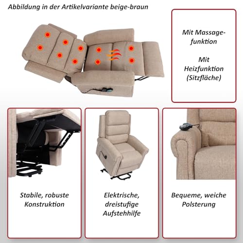 Mendler Fernsehsessel HWC-K63, Relaxsessel Sessel, Liegefunktion Aufstehhilfe Massage Heizfunktion, Stoff/Textil - beige-braun – Bild 4