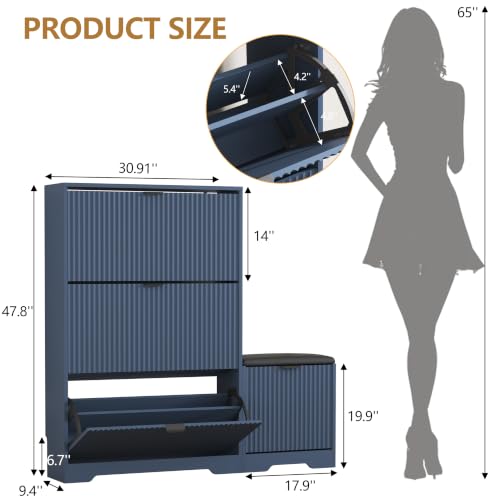 Image of HUANLEGO Shoe Cabinet Storage for Entryway with Flip Drawer & Bench, Blue